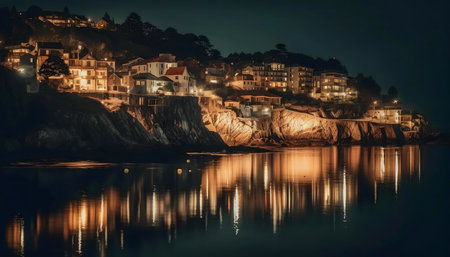 Night scene of a coastal town with lights reflecting on the water.の写真素材