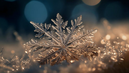 Close-up of a single, perfectly formed snowflake resting on a bed of snow, illuminated by soft, warm light.の写真素材
