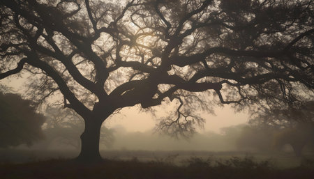 A large tree silhouetted against a misty dawn. Peaceful and serene.の写真素材