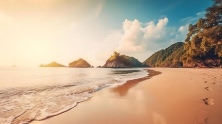 Serene sunrise over a tropical beach. Idyllic island escape.の写真素材