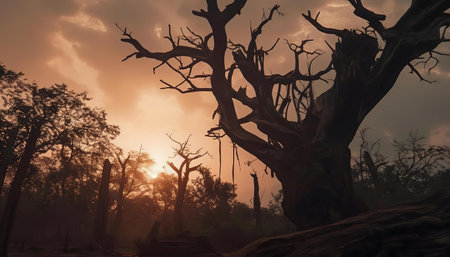 Silhouetted dead tree at sunset, forest scene.
