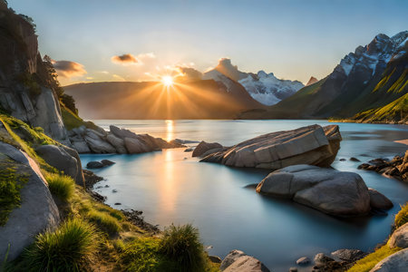 Stunning sunset over a tranquil mountain lake. Rocks and calm water reflect the golden light.の写真素材