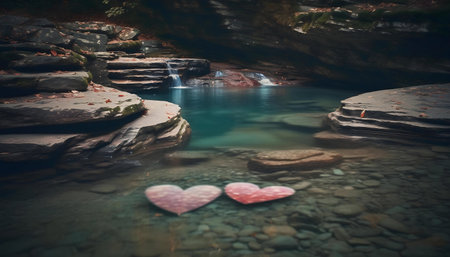 Two hearts float in a crystal-clear pool, nestled in a magical waterfall setting.の写真素材