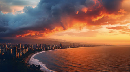 Stunning sunset over a coastal city. Orange and red hues paint the sky.の写真素材