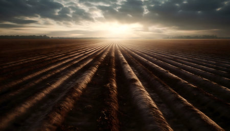 Serene sunrise over neatly plowed fields. Warm light paints the landscapeの写真素材