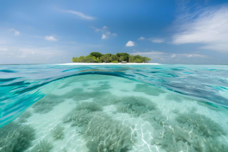 A split-level image of a tropical island paradise, showing both the above and underwater beauty.の写真素材