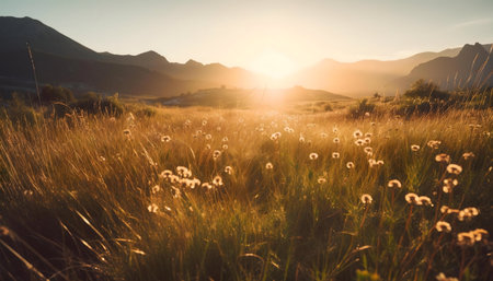 Peaceful sunset over a golden meadow with mountains in the backgroundの写真素材