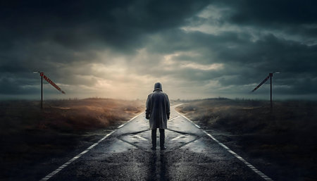 A lone man walks down a long, empty road under a stormy sky. The scene is desolate and evokes a feeling of solitude.の写真素材