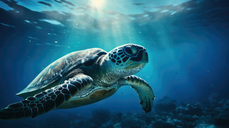 A serene sea turtle gracefully swims in a vibrant coral reef.の写真素材