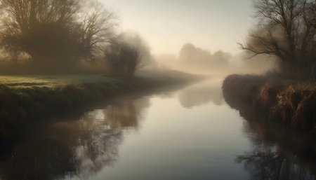 A peaceful river scene at dawn, shrouded in mist. The water reflects the trees and the soft morning light.の写真素材