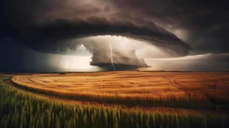 A powerful lightning strike illuminates a dark, ominous storm cloud over a golden field.