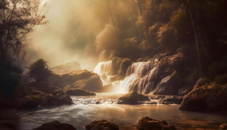 Misty waterfall in golden light, serene forest sceneの写真素材