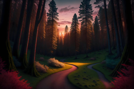 Magical sunset view over a winding path in a lush forest. Serene and peaceful atmosphere.の写真素材