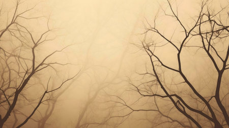Bare tree branches shrouded in thick, misty fog. An autumnal sceneの写真素材