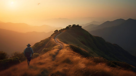 A lone hiker walks a mountain path at sunset. Golden light bathes the landscape.の写真素材