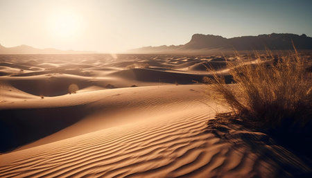 Breathtaking Namibian desert at sunset. Golden hour light illuminates dunes.の写真素材