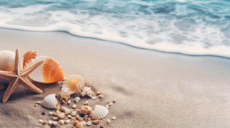 Seashells and starfish on a sandy beach, gentle waves