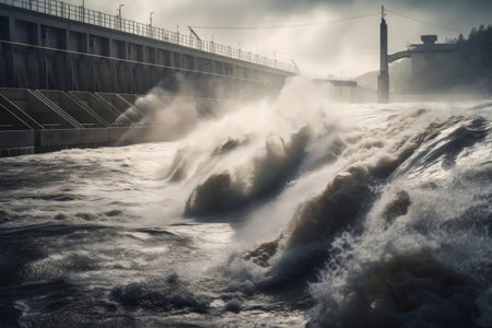 Dramatic image of a dam releasing water, showing the immense power of nature and human engineeringの写真素材