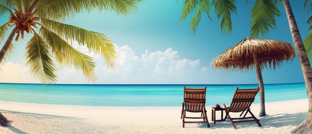 Two lounge chairs under a beach umbrella on a pristine tropical beach.