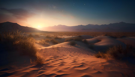 Serene desert sunset with mountains and golden light.の写真素材