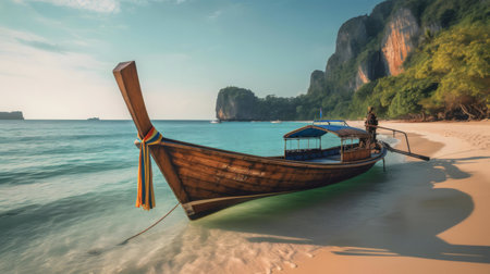 A wooden longtail boat rests on a tranquil beach in Thailand. Serenity and beauty are in the air.の写真素材