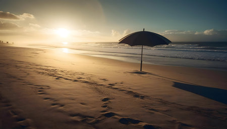 A lone beach umbrella casts a long shadow on a sandy beach at sunset.の写真素材