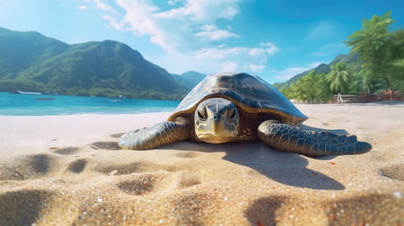 A majestic sea turtle rests on a pristine tropical beach, mountains in the background.の写真素材