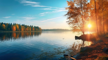A tranquil lake scene during autumn sunset. Golden trees are reflected in the calm waters.の写真素材