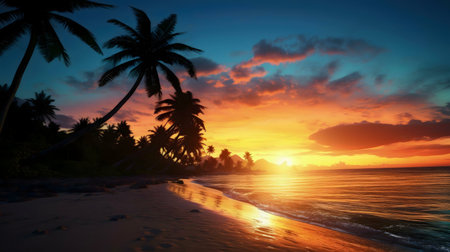 Stunning sunset over a tropical beach with palm trees