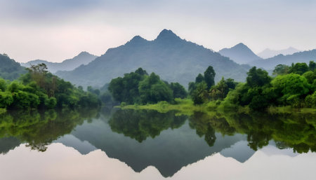 Peaceful lake reflecting lush mountains. Serenity and nature.の写真素材