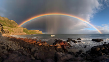 Stunning coastal rainbow arching over a rocky beach and seaの写真素材