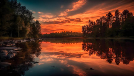 Stunning sunset over a tranquil lake, reflecting fiery colors in the still water.の写真素材
