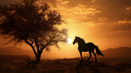 A lone horse silhouetted against a vibrant sunset in the desert.の写真素材