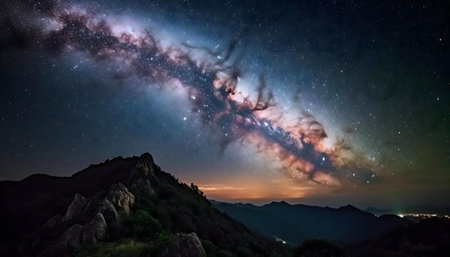 Milky Way galaxy shining above a mountain range at night.
