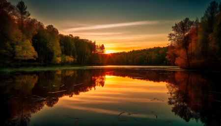 Sunset over a still lake, reflecting the fiery colors of the sky. Trees line the shore, creating a tranquil atmosphere.の写真素材