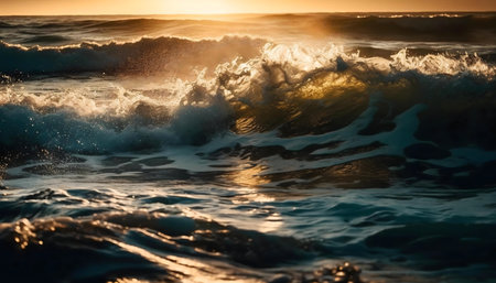 Stunning sunset over the ocean, waves crashingの写真素材