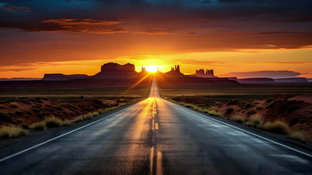 Stunning sunrise over Monument Valley, and road leads to the horizon.の写真素材