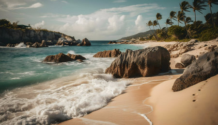 Stunning beach scene with turquoise water, crashing waves, and palm trees.の写真素材