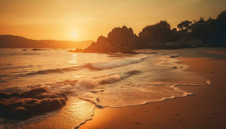 Stunning sunset over a tranquil beach. Golden hour light bathes the scene.の写真素材