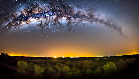 Stunning night sky panorama showcasing the Milky Way galaxy over a serene landscape.の写真素材