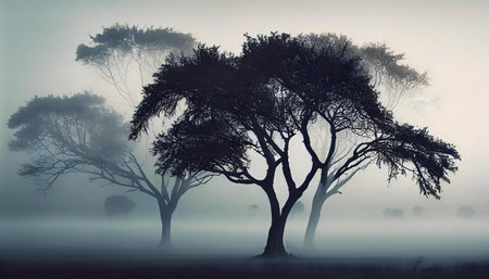 Silhouetted trees stand in a thick morning mist. Peaceful and serene landscape.の写真素材