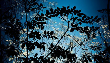 A striking image showing the silhouette of leaves and branches against a vivid blue sky.の写真素材