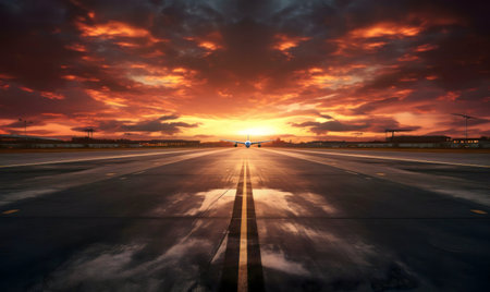 Airplane on runway at sunset. Dramatic sky.の写真素材