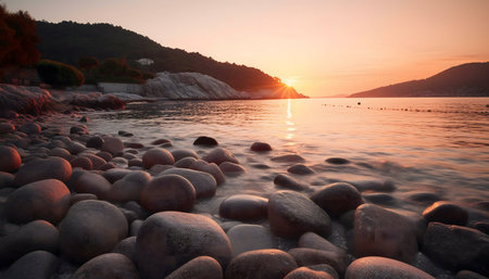Stunning sunset view over a pebble beach, calm sea, and distant hills. Peaceful atmosphere.の写真素材