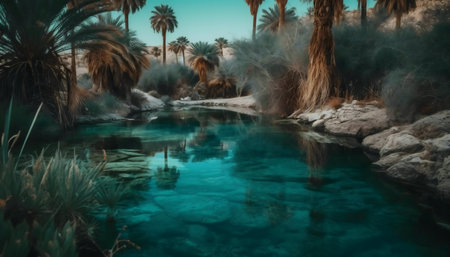 A tranquil oasis with palm trees reflecting in a crystal clear teal pool. Serene and peaceful.の写真素材