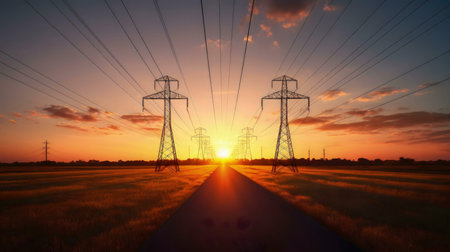 A stunning sunset illuminates power lines along a country road.