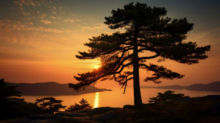 A lone tree silhouetted against a vibrant sunset over a tranquil lake. Nature's beauty at its finest.の写真素材