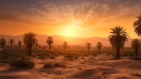 Stunning sunset over a desert oasis with silhouettes of palm trees.の写真素材