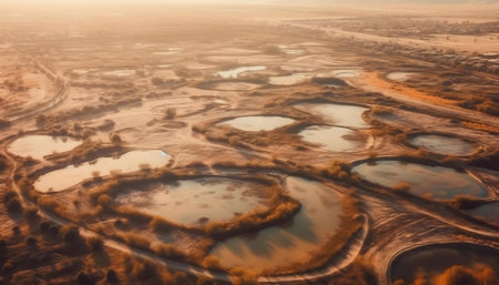 Stunning aerial shot of numerous serene lakes nestled within a sandy landscape, bathed in the warm glow of sunrise.の写真素材