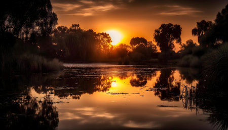 Stunning sunset reflecting on a calm lake, creating a peaceful and serene atmosphere.の写真素材
